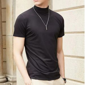 Camiseta masculina moda magro corpo camiseta manga curta básico gola alta meia gola alta pulôver fino topo camisa de fundo para homem