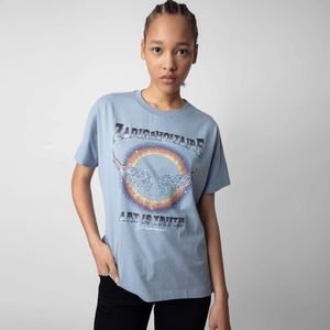 24ss Zadig Voltaire Женская футболка Zv Circle Rainbow Wing Письмо с принтом Hot Diamond Хлопковые футболки Женская футболка с короткими рукавами Дизайнерские топы