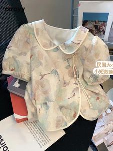 Camicie Circyy French Vintage Women Shirts Peter Pan Collar Baghes Floral Short Short Short Irregolare Short Short Tops Casual Summer Girls