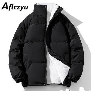 Winter Fleece Parkas Men Padded Jacket Fashion Casual Thick Jackets Stand Collar Coats Male Solid Color Black Blue