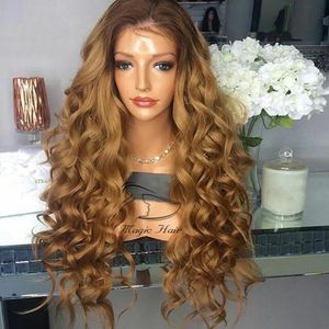 Peruki 180 Gęstość Dwucie koronkowe koronkowe przednie peruki ludzkie włosy z dziecięcymi włosami Remy Ombre Brown Honey Blonde Curly Peruka dla kobiet