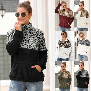 Maglioni 10 stili Donna Sherpa Leopard Patchwork Pullover Cappotto in maglione in morbido pile con tasche Felpa calda invernale spessa Capispalla Top