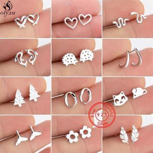 Stud Real 925 Sterling Silver Heart Earrings for Women Korean Small Dolphins Snake Leaf Flower Earings smycken Accessorie246h