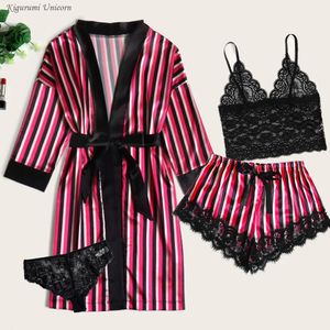 Pants Pink Stripe Pamas Sets Womens Strap Top Pants Lace Satin Sleepwear Suit Autumn Winter Home Wear Nightwear Robe Bath Gown Xxl