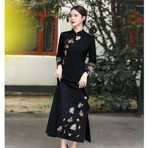 Etnik Giyim Bahar Yüksek Kaliteli Vintage Siyah İşlemeli İnce Uzun Cheongsam Kadın Stil Modern Vestidos Anneler Günü Hediyesi