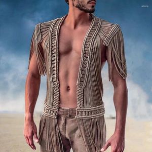 Coletes masculinos Crochet Handmade Malha Homens Cover Ups Tassel Hollow Out Cardigans 2024 Férias de Verão Praia Banheira Sexy Natação Wear