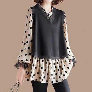 Blouse Fake Two Pieces Women's Blouse Polka Dot Long Sleeve Loose Pullovers Spring Autumn Fashion Elegant Lace Spliced ONeck Shirt