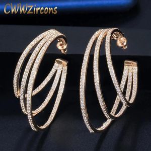 Halsband Cwwzircons 3 Circle Bling Cubic Zirconia Pave Yellow Gold Color Big Round Geometric Triple Hoop örhängen för kvinnor CZ581