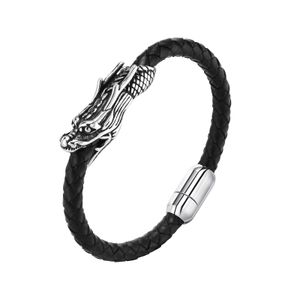 Байкерский кожаный браслет из нержавеющей стали с драконом, стальной черный мужской браслет, модный подарок для отца, 6 мм, 8,26 дюйма, n698