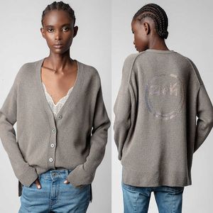 23 Frühherbst Neue französische Nische Zadig Voltaire2024 Brust-Cardigan mit V-Ausschnitt und einem großen Lächeln auf dem Rücken und Hot Diamond Damen-Kaschmirpullover für Damen