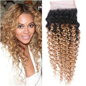 Zamknięcia Brazylijska miodowa blond ombre ludzkie włosy koronkowe zamknięcie z włosami dziecięcymi Kinky Curly 1B/27 Jasnobrązowy ombre 4x4 Przednie koronkowe zamknięcie 82