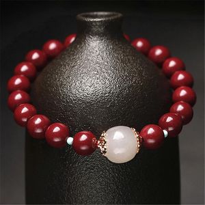 Bangle 8mm Cinnabar Round Red Beads Women Bracelet Natural High Quality Hetian Jade Bracelet Trendy Amulet Jewelry Gift Wholesale