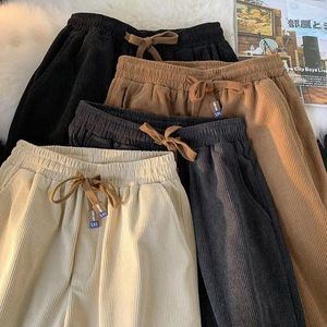 Men's Pants Fashion Bottoms Apricot Korean Version Casual Corduroy High Waist Wide Leg Vintage Straight Bind Feet Trouser Ladies