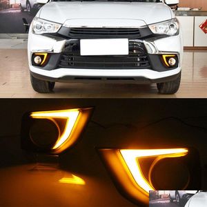 DayTime Runnung Lights 1 Set LED Running Drl Fog Lamp er med gul signal för Mitsubishi Outlander Sport ASX RVR Drop Delivery Mob Dhawu