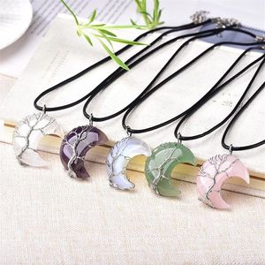 Natural Crystal Pendant Tree of Life Moon Shape Reiki Polished Mineral Jewelry Healing Stone For Men Women smycken gåva232z