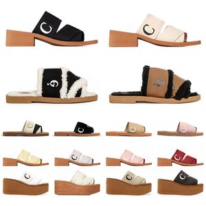 2024 Berühmte Designer Damen Woody Sandalen Flauschige flache Mule Slides Spitze Elfenbein Broze Creme Ziegelrot Schwarz Mond Blau Orange Canvas Hausschuhe Damen Sandalenschuhe