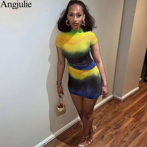 Dress Angjulie Two Piece Sexy Outfits For Woman Vacation Outfits Summer Clothes Tie Dye Turtleneck Stretchy Tops+Tight Straight Skirt