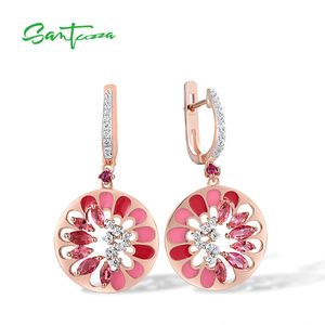 Knot Santuzza 925 Sterling Silverörhängen för kvinnor glittrande rosa stenar Vita CZ Flower droppörhängen fina smycken handgjorda emalj