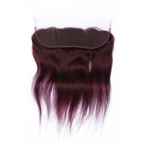 Stängningar 9a Bourgogne Human Hair Spets Frontal Stängning 13x4 BLEACKED KNOTS #99J VIN RED RICKT BRAURILIAN HAIR