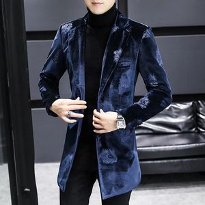 Royal Blue Print Velvet Warm Coat Designer Men Winter Wool Blends Jacket Trendy Slim Fit Long And For 231229