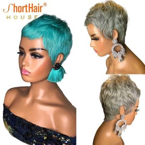 Perucas cinza prata pixie corte curto bob peruca 100% perucas de cabelo humano para mulheres jóias onda azul perucas onduladas máquina completa sem perucas dianteiras do laço s08