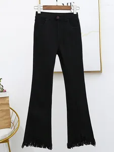 Calças de brim femininas retro para mulheres vintage preto denim flare calças streetwear cintura alta elástica calças finas harajuku y2k feminino e93