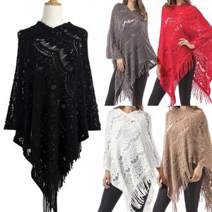 Scarves Women Autumn Hollow Out Crochet Batwing Sweater Cape Pullover Knitted Shawl Scarf Solid Color Fringe Tassels Hem Asymmetric Wrap