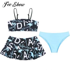 Установите 3PCS Kids Girls Pritting Print Print Tankini Swimsuit. Регулируемые ремни Плавать верхние бикини с обмолочкой для купания юбки