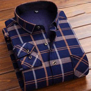 Men's Dress Shirts Fashion Mens Warm Long Sleeved Lapel Plaid Flannel Jacket Cotton Padded Fleece Button Down Middle-Aged Elderly Clothing