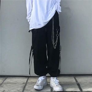 Calça harajuku calça de carga preta homens homens punk streetwear moda coreana moda calça alta de cintura primave