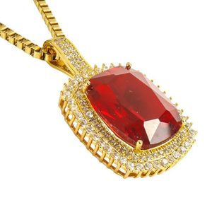 Sparkling Ruby Pendant Chain Bling 18K Yellow Gold Filled Hip Hop Womens Mens Pendant Halsband Luxury Jewelry281o