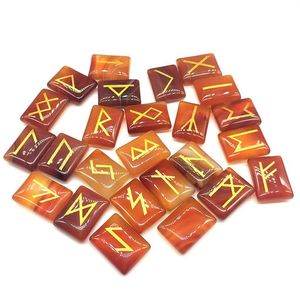 25pcs Natural Red Agate Viking Runes Amulet Stones Set Green Aventurine Reiki Healing Divination Tumbled Stone Pendant Bead243j