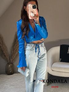 Pants Kondala vintage Solid Blue Satin Short Blazers Kvinnor Långärmad V Neck Bind Fashion 2022 Jackor Kvinnliga eleganta Mujer -toppar