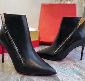 Women High Heels Ankle Boots Fashion Dress Shoes Lady Red Souls Shoes Cool Girls Work Boots Casual Style Pointed Zip Unique Styles Stiletto Heels Cowskin Designer