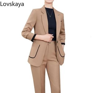 Ladies Blazer och byxor kvinnligt formellt arbete 2 -stycke med Pocket Khaki Black Beige Autumn Winter Women Pant Suit 231229