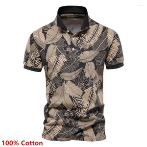 Polo da uomo Polo in cotone estivo T-shirt a maniche corte con risvolto di tendenza T-shirt traspirante stampata a foglia T-shirt stile Hawaii per uomo