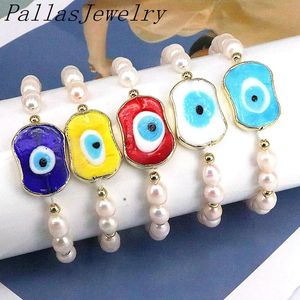 Pulseiras 5 Pcs Nova Moda Natural de Água Doce Pérola Frisada Pulseira Clássico Colorido Lampwork Eye Beads Pulseiras Mulheres Artesanais Para Presente