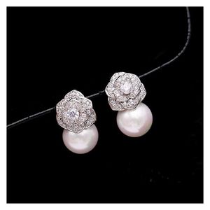 Orecchini con perle di fiori di Camillia con diamanti adorabili con zirconi per donna Ragazze Super scintillanti Ins Fashion Luxury Designer 925 Sier Post Dhp82