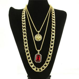 Fashion-Hop Necklace Jewelry New Ruby Pendant Necklace 3Pcs Set Fashion Cuban Link Chain Jewelry Set231n