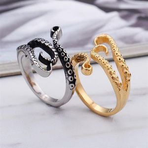 Cluster Ringe S Gold Edelstahl Titan Gothic Tiefsee Tintenfisch Oktopus Tentakel Ring für Männer Frauen215S