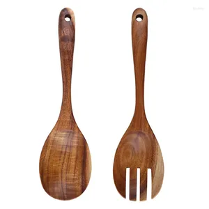 Colheres 2 Pcs Colher De Madeira Concha Grande Sopa Japonesa Cozinha Servindo Long Handle Wood Fork Salad Set Talheres