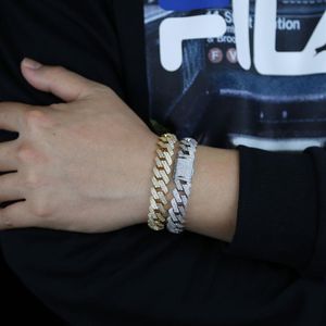 Pulseira inteira gelada masculina de hip hop, 15mm de largura, brilhante, duas fileiras, zircônia cúbica, corrente cubana, hip hop, masculino, menino, rock, bra251v