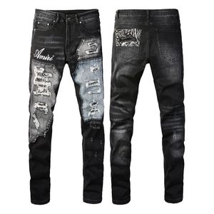 High Street Stretch Slim Fit Pants Stitching broderade Amiryes Trendiga herrhål Jeans tvättade USA -storlek svart