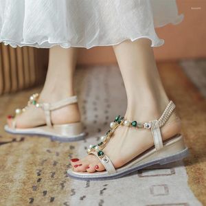 Kleid Schuhe 2023 Mode Frauen Sandalen Offene spitze Niedrige Keile T-riemen Große Strass Böhmischen Sommer Sandalias Grün Casual