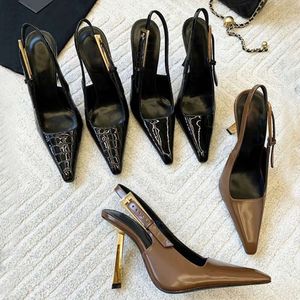 10cm salto stiletto slingback bomba vestido sapatos mulheres ouro salto alto brilhante espelho patente preto apontado toe sandálias de festa de casamento senhoras luxo estilingue costas