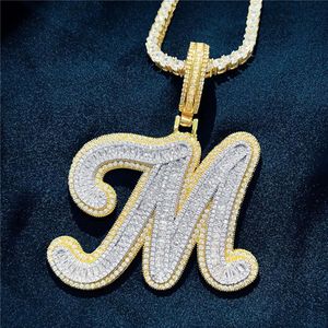 Custom AZ Cut Full Real Icy Baguette Cursive Letters Pendant Necklace Gold Silver Cubic Zirconia Men Women with 24inch Rope Chain2463