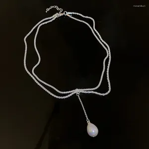 Pendanthalsband Dubbelskikt Twin Metal Water Drop Pearl Necklace European och American Clavicle Chain Women