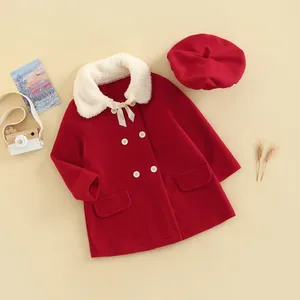 Flickklänningar Citgeeautumn Kids Girls Winter Outfit Collar Long Sleeve Woolen Dress Buttons Hat Fall Xmas kläder 3-7 år