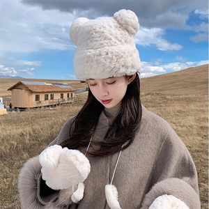 Feminino lontra coelho cabelo de malha chapéu moda edição coreana chapéu de pele inverno rússia elegante proteção de ouvido chapéu quente presente da menina 231229