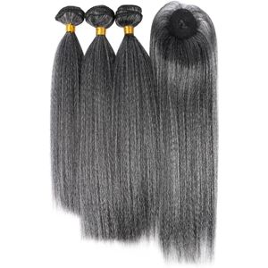 Pacote de pacote de pacote de cabelo sintético Facos retos e cinza 14 polegadas de 14 polegadas/tecelagem de cabelo com fechamento para mulheres negras